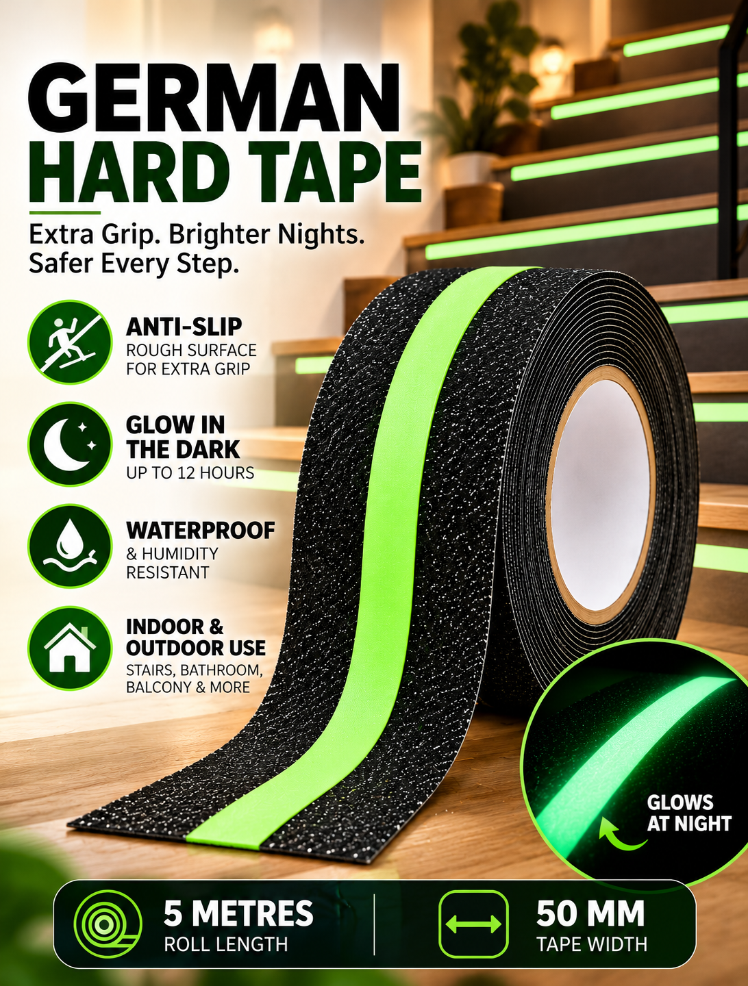 GERMAN HARD TAPE™ V2 - Anti-Slip Glow Tape for Stairs, Bathrooms & More