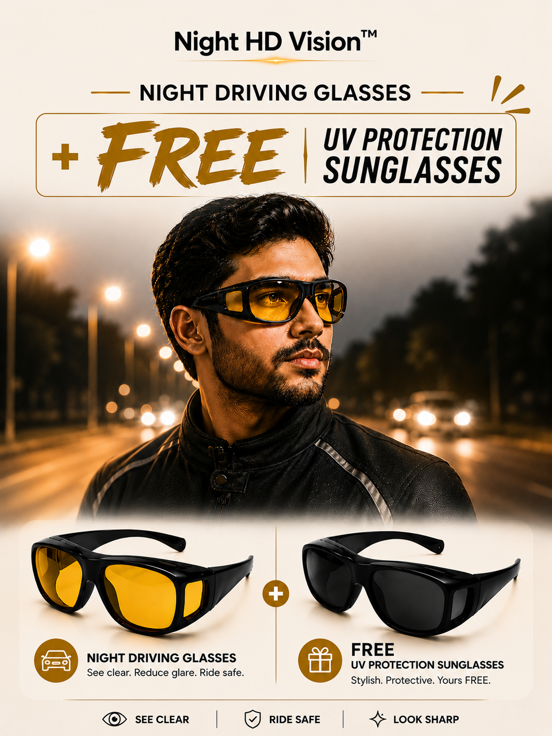 Night HD Vision™ Anti-Glare Riding Glasses + FREE UV Protection Sunglasses