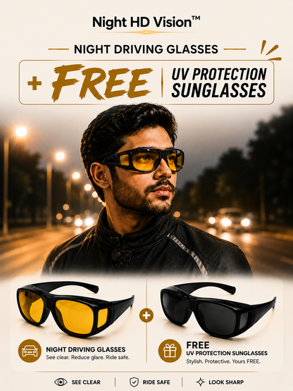 Night HD Vision™ Anti-Glare Riding Glasses + FREE UV Protection Sunglasses